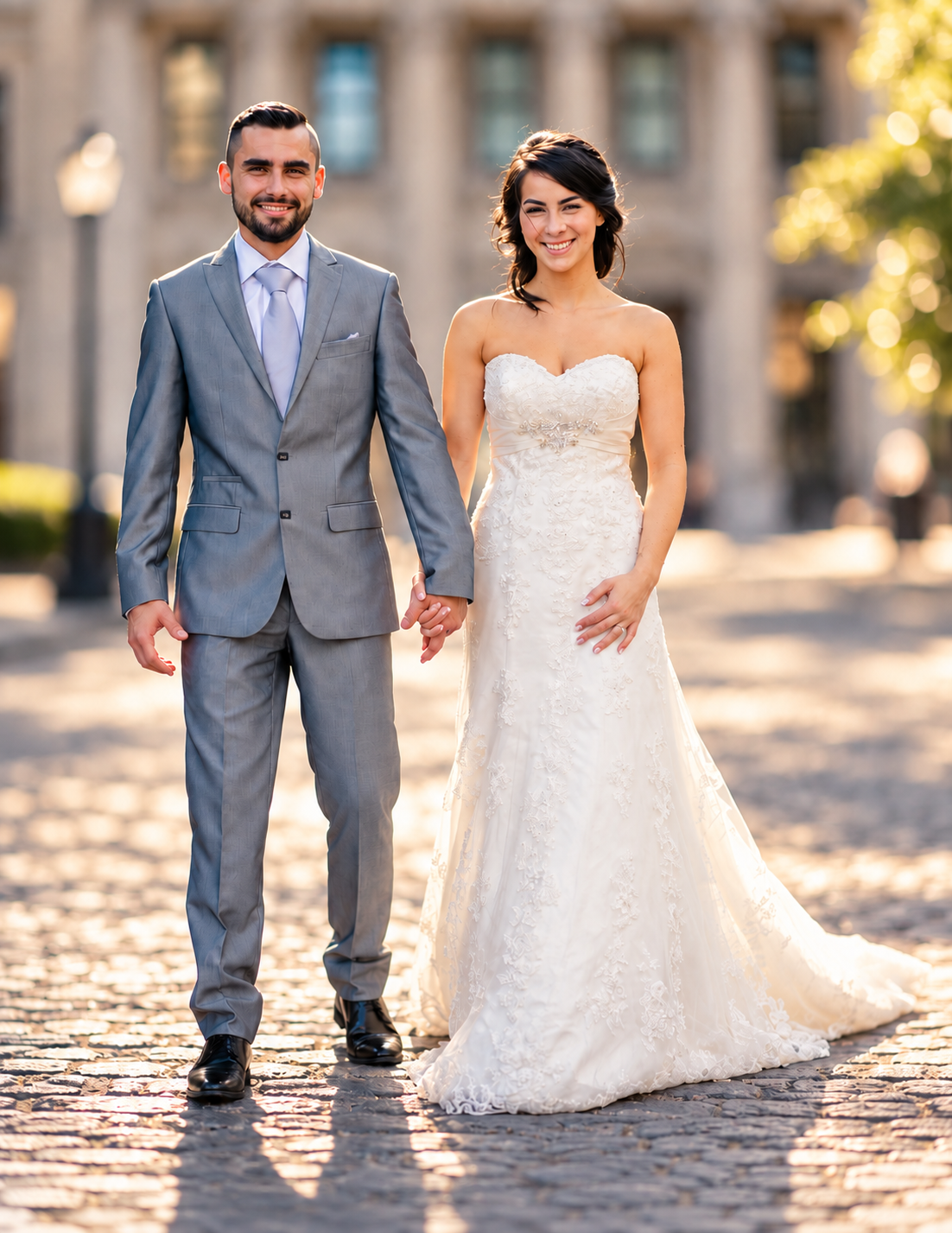 Sara and Kevin holding hands on cobblestones
