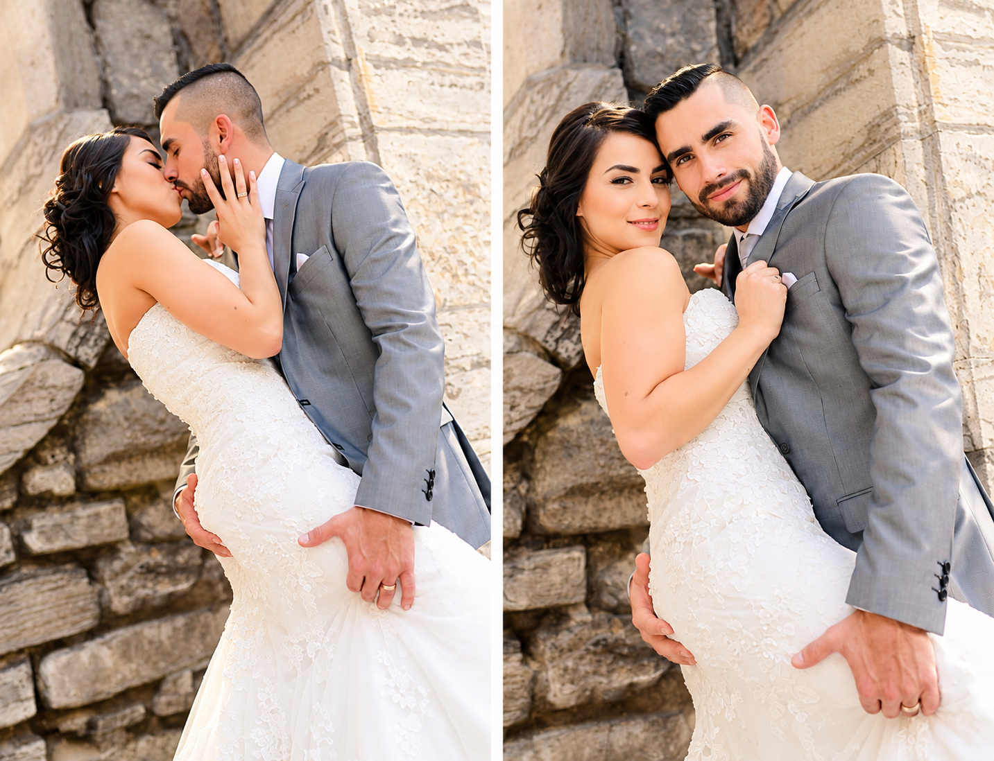 Sara and Kevin kissing against a stone wall